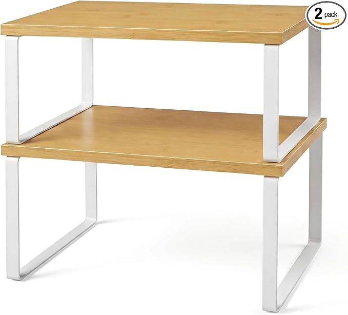 Kitchen Cabinet Organizer Shelf, Set of 2 Stackable Spice Rack Storage, Heavy Duty Metal & Wood Countertop Display Stand for Seasoning Bottles, Jars & Pantry Essentials（Bamboo）
