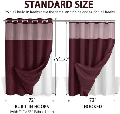 No Hook Shower Curtain with Liner Set Hotel Waffle Burgundy 72W X 75L