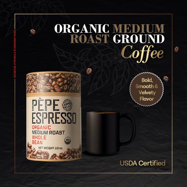 Pepe Coffee Organic Medium Roast Whole Bean Espresso 10 oz 1-pack by Chef Pepe