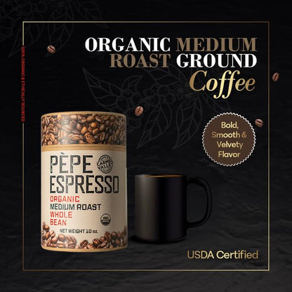 Pepe Coffee Organic Medium Roast Whole Bean Espresso 10 oz 1-pack by Chef Pepe