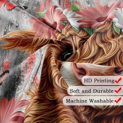 Funny Highland Cow Shower Curtain for Bathroom, Western Rustic Wood Farmhouse Bull Pink Floral Butterfly Country Flower Plant Art Printed Fabric Polyester Waterproof 12 Pack Plastic Hooks 70X70in