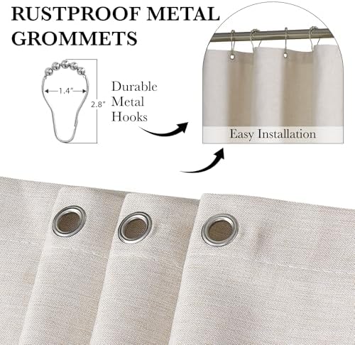 KGORGE Scalloped Shower Curtain for Bathroom with 12 Metal Hooks, Linen Textured Privacy Waterproof Boho Cute Heavy Duty Farmhouse Shower Curtains for Home Decor Bathtub, Linen, 72 x 72 inches Long