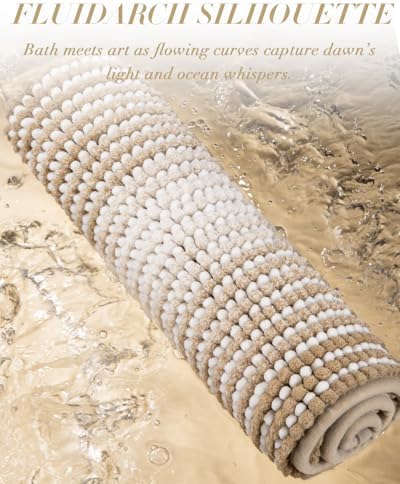 BSICPRO Large Chenille Bathroom Rugs Runner, 20x47 Striped Bath Mats, Beige