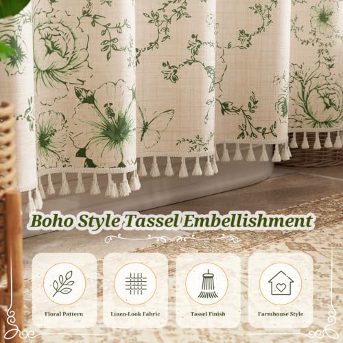 Vintage Green Floral Shower Curtain with 12 Clear Rings - 72" W x 84" L
