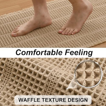 JIUZHEN Waffle Bath Mat Rug Super Absorbent Bath Mats for Bathroom Mat Non Slip Bathmat Machine Washable Soft Bathroom Rugs with Tassels Dry Fast Bath Rugs for Floor, 20" x 32", Strip-Brown