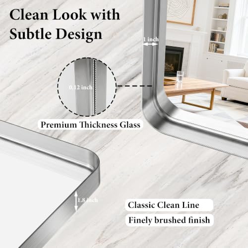 48X30 Inch Silver Metal Framed Bathroom Mirror for Wall,HD Tempered Glass