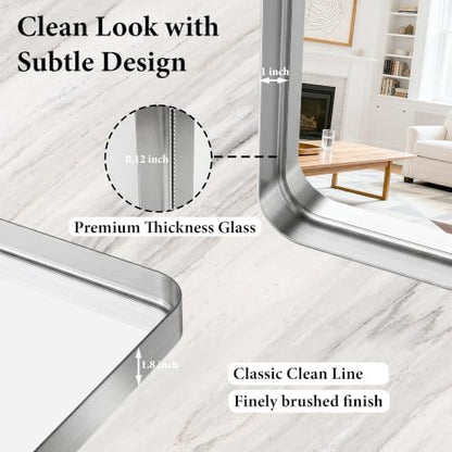 48X30 Inch Silver Metal Framed Bathroom Mirror for Wall,HD Tempered Glass