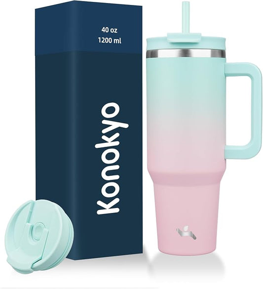 Konokyo 40 oz Tumbler with Handle and 2 Straws,2 in 1 Lid Insulated Water Bottle Stainless Steel Travel Coffee Mug,Gum