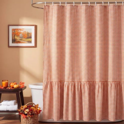 HunnmingRe Ruffle Hem Gingham Shower Curtain, Orange Farmhouse