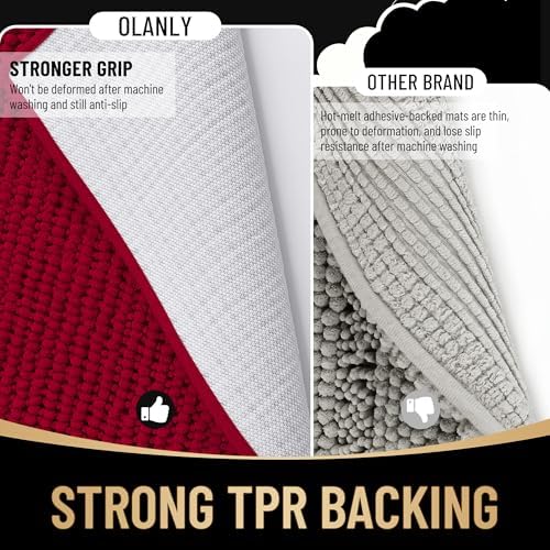 OLANLY Thick Chenille Bathroom Runner Rugs 44x24, Absorbent Bath Mat, Red