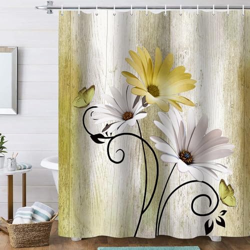Onalasyc 4PCS Yellow Daisy Bathroom Sets with Shower Curtain and Rugs