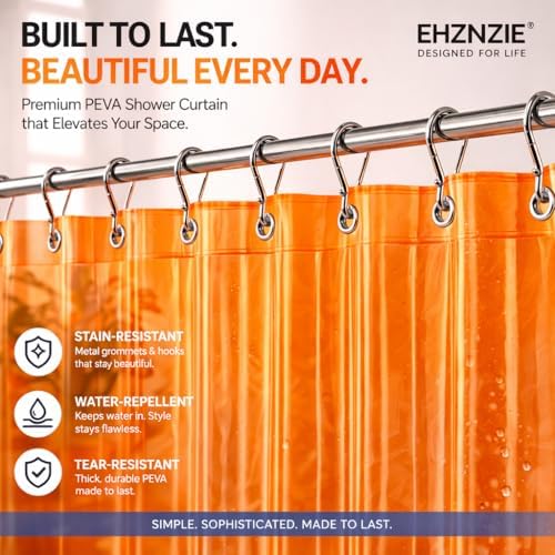 EHZNZIE Orange Shower Curtain Liner 72x72, PEVA Waterproof Bath Curtain, No Chemical Smell, 3 Weighted Magnets, Durable with Rustproof Metal Grommets