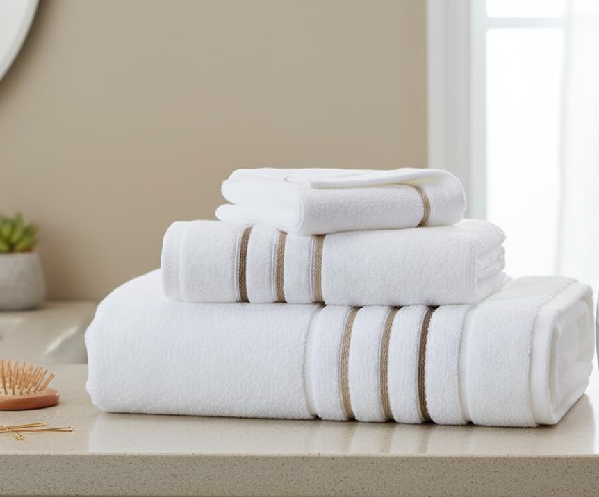 Bath Towels Set for Bathroom – Luxury 6-Piece Cotton Towels, Soft Absorbent & Quick Dry, 600 GSM Bath Towels for Bathroom, Hotel Spa Quality (White/Taupe, 6- Bath Towel Set)