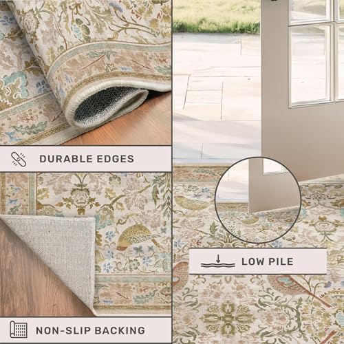 Vintage Beige 8ft Round Rug for Dining Room Under Kitchen Table - Large Floral Circle Area Rug for Bedroom, Living Room, Washable Low Pile Non Slip, Ultra Soft Beige Taupe Botanical & Bird Pattern