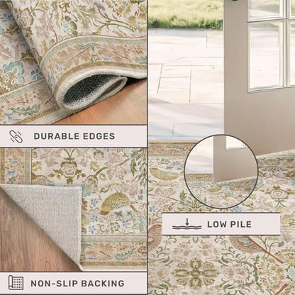 Vintage Beige 8ft Round Rug for Dining Room Under Kitchen Table - Large Floral Circle Area Rug for Bedroom, Living Room, Washable Low Pile Non Slip, Ultra Soft Beige Taupe Botanical & Bird Pattern