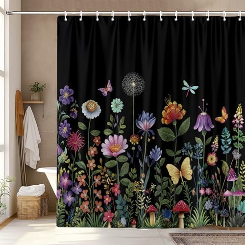 Black Floral Shower Curtain, Cute Colorful Wildflower Aesthetic Shower Curtain for Bathroom, Dark Flowers Rustic Farmhouse Botanical Vintage Shower Curtains with Hooks 72X72 Inch Gothic Witchy Plant