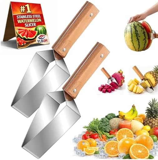 2PCS Stainless Steel Watermelon Cutter, Triangle Fruit Slicer with Wooden Handle, Melon Divider Tool for Watermelon, Cantaloupe and Honeydew, Kitchen Gadget for Picnic and BBQ