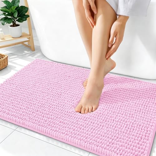 OLANLY Thick Chenille Bathroom Rugs 36x24, Soft Absorbent Bath Mat, Pink