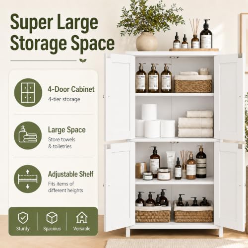 Nuturelly Bathroom Floor Storage Cabinet, 4 Doors, Anti-Tip, White