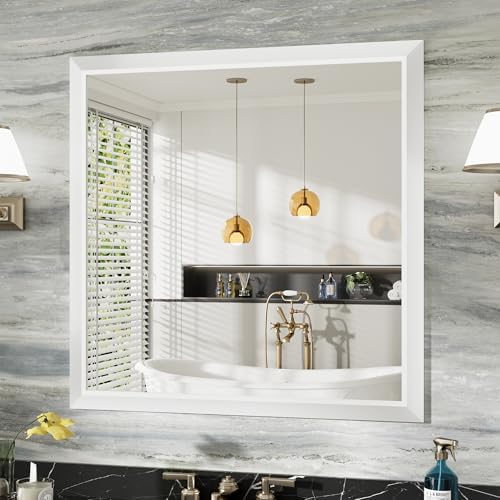 Briivue Bathroom Wall Mirror, White Metal Frame, 36x36 Inch