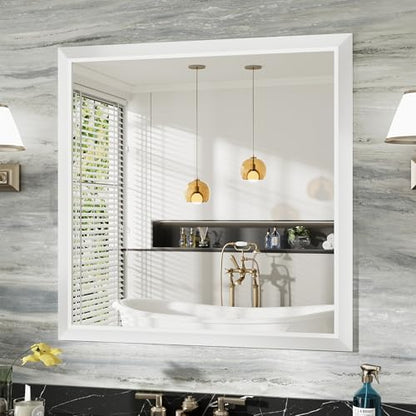 Briivue Bathroom Wall Mirror, White Metal Frame, 36x36 Inch