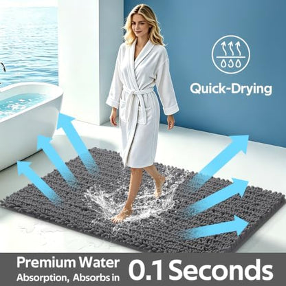 Upgrade Luxury 2 Piece Dark Gray Toilet Bathroom Rug Mat U Shape 24"x20"+48"x20", Ultra Soft Thick Absorbent Bath Mats, Non Slip Chenille Toilet Mat for Bathroom, Bedroom, Kitchen, Shower, Tub