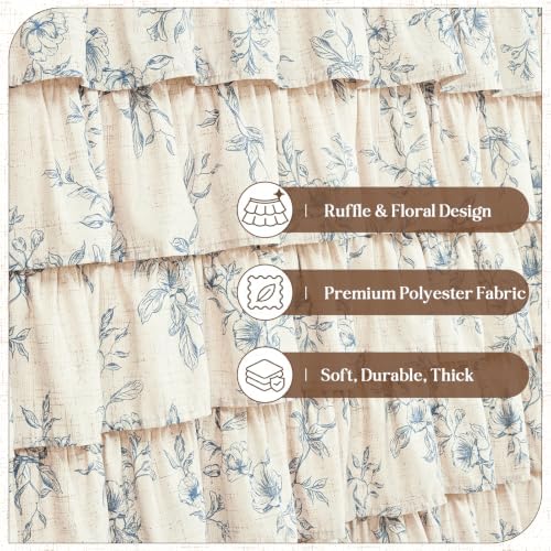 Extra Long Farmhouse Ruffle Shower Curtains with Blue Floral, 72"Wx90"L