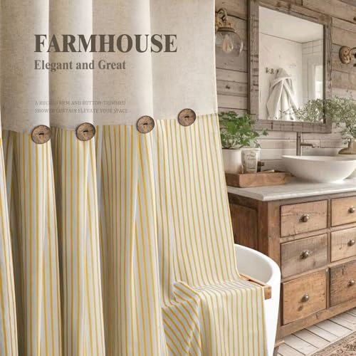 Farmhouse Shower Curtain Linen Button Yellow Stripe 72" W x 72" L