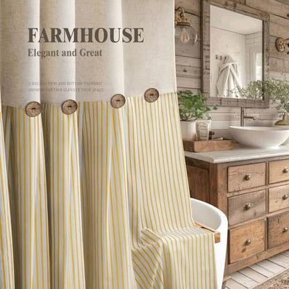 Farmhouse Shower Curtain Linen Button Yellow Stripe 72" W x 72" L
