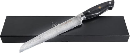 Ketuo Professional Chef Knife Damascus Carbon Steel with Laser Pattern Blade and Black Pakka Wood (8 Inch Bread Knife)