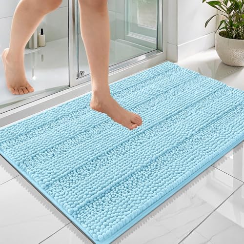 OLANLY Thick Bathroom Rugs 36x24, Soft Chenille Striped Bath Rugs, Sky Blue