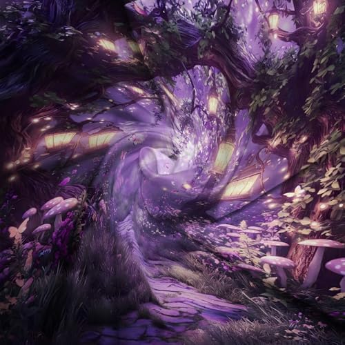 Fantasy Forest Path Shower Curtain Purple Fairy Magical Enchanted Misty Jungle Mushroom Floral Tree Butterfly Lantern Wonderland Bath Curtain Fabric Bathroom Accessories Decor with Hooks 80W x70L