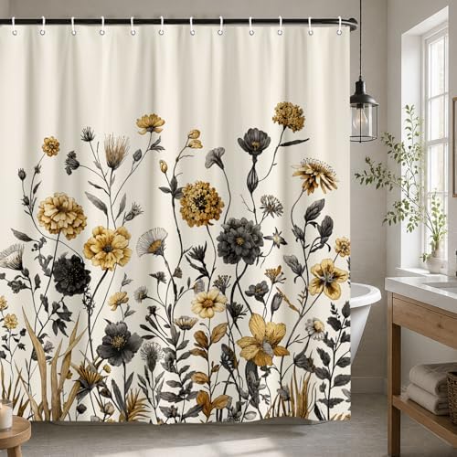 Vintage Boho Beige Floral Shower Curtain, Black Gold Rustic Farmhouse Flower Shower Curtain Set, Cute Botanical Wlidflowers Fabric Shower Curtains Decoration, 72X72 Aesthetic Bathroom Accessories