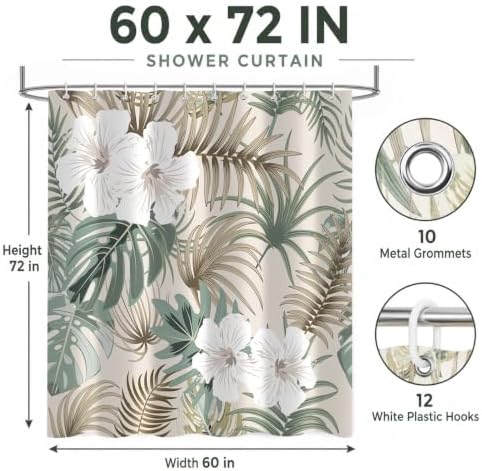 Tropical Shower Curtain for Bathroom, Green Palm Tree Flower Plant Boho Leaf Banana Monstera Sage Beige Shower Curtains Set, Fabric Bathroom Accessories with Hooks 60x72 Inch
