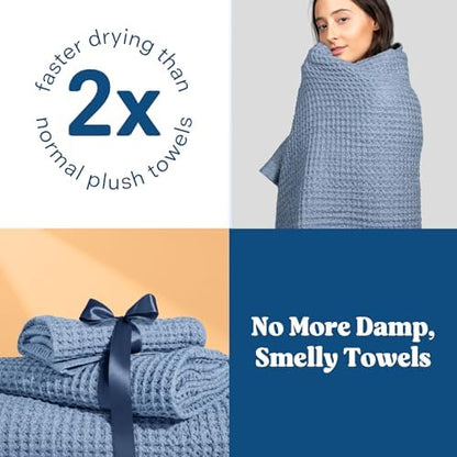 ONSEN Supima® Waffle Hand Towels, Quick Dry Lint Free 100% USA Cotton, Lightweight Absorbent Hand Towel Set, 16x30 in (Denim Blue, Hand Towel 2-Pack)