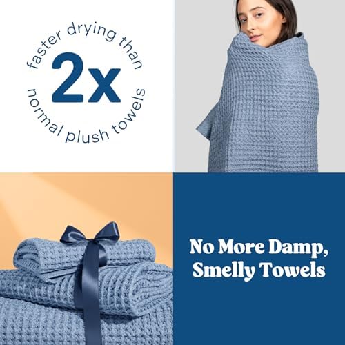 ONSEN Supima® Waffle Face Towels, Quick Dry Lint Free 100% USA Cotton, Lightweight Absorbent Face Towel Set, 12x12 in (Denim Blue, Face Towel 2-Pack)