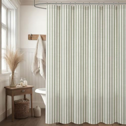 Farmhouse Striped Shower Curtain Green Vintage Linen Curtain 72"W X 72"L