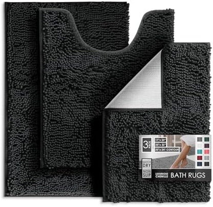 Hearth & Harbor Bathroom Rugs, Chenille Bath Mat - Machine Washable Bath Mats for Bathroom Non-Slip Backing Rubber, Quick Dry Mat - Black Bath Rug, 17x24-20x32-20x24