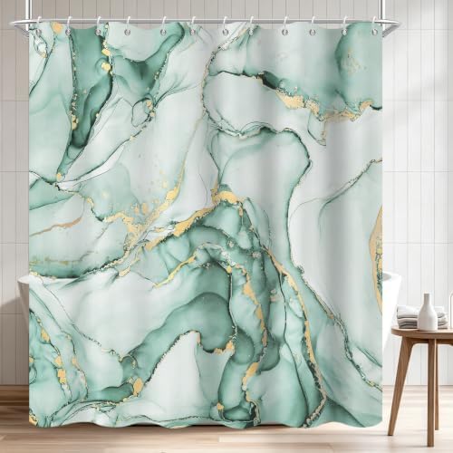 Mint Green Marble Shower Curtain Modern Abstract Luxury Gold Ink Texture Ombre Watercolor Bathroom Curtain Set with Hooks Soft and Lightweight Waterproof Fabric Machine Washable 60" Wx72 L