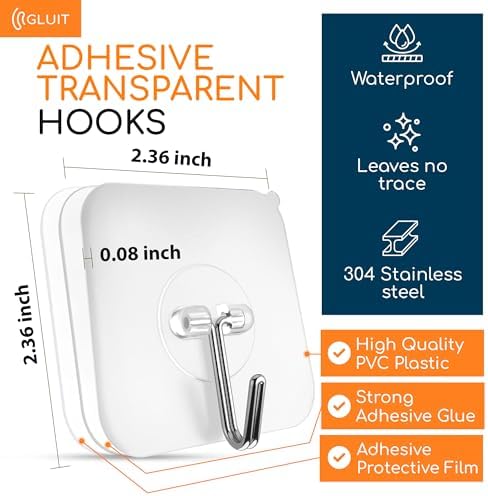 GLUIT Adhesive Wall Hooks for Hanging Heavy Duty No Drill, 22 lbs, 12 pcs