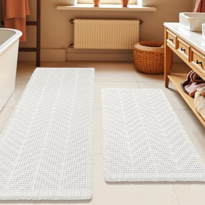 Upgrade Waffle Bath Mat Set 2 Piece, Boho Bathroom Rugs Absorbent Non Slip, Ultra Soft Bathroom Mat, Machine Washable Knit Bath Rugs with Herringbones for Bathroom, Bedroom, Kitchen, Shower, White