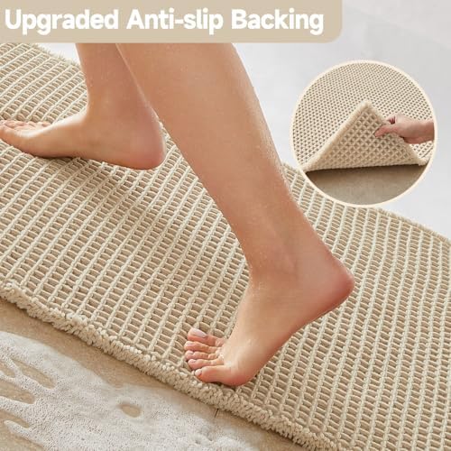 TYUU Waffle Runner Rug Bathroom, Long Boho Bath Mat, 60x24 Pale Beige
