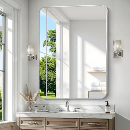 Silver Bathroom Mirror,36x48 inch Wall Mirror for Bathroom Wall Mounted,Rectangle Mirror for Bathroom Over Sink,Modern Frame Round Corner for Living Room,Bedroom Entryway,Horizontal/Vertical