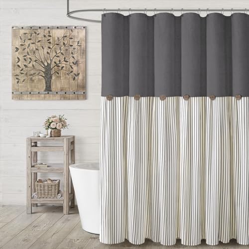 Farmhouse Shower Curtain Button Grey-Grey Stripe 72" W x 72" L