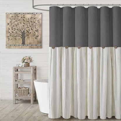 Farmhouse Shower Curtain Button Grey-Grey Stripe 72" W x 72" L