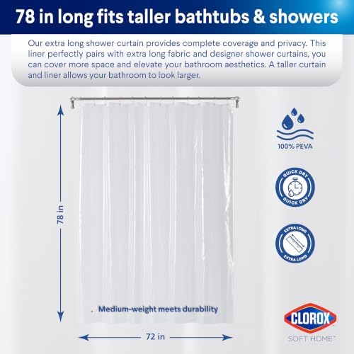 Clorox Shower Curtain Liner, Premium Medium-Weight Durable Waterproof 6g PEVA for Bathroom with Weighted Magnets, Extra Long 72" x 78", Clear 1 Pack