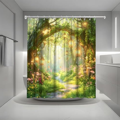 Fantasy Forest Path Shower Curtain Fairy Magical Enchanted Misty Jungle Mushroom Floral Tree Butterfly Lantern Spring Wonderland Bath Curtain Fabric Bathroom Accessories Decor with Hooks 55W x70L