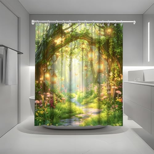 Fantasy Forest Path Shower Curtain Fairy Magical Enchanted Misty Jungle Mushroom Floral Tree Butterfly Lantern Spring Wonderland Bath Curtain Fabric Bathroom Accessories Decor with Hooks 75W x70L
