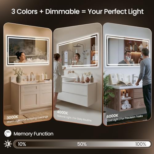 LED Bathroom Mirror with Anti-Fog, Backlit & Front Lights, Memory 48" L x 36" W