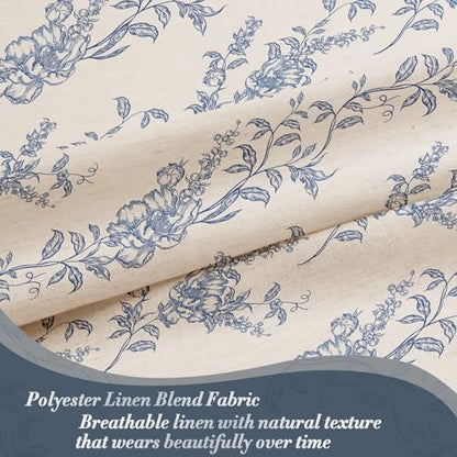 Blue Linen Farmhouse Shower Curtain, Boho Floral Bathroom 72x78